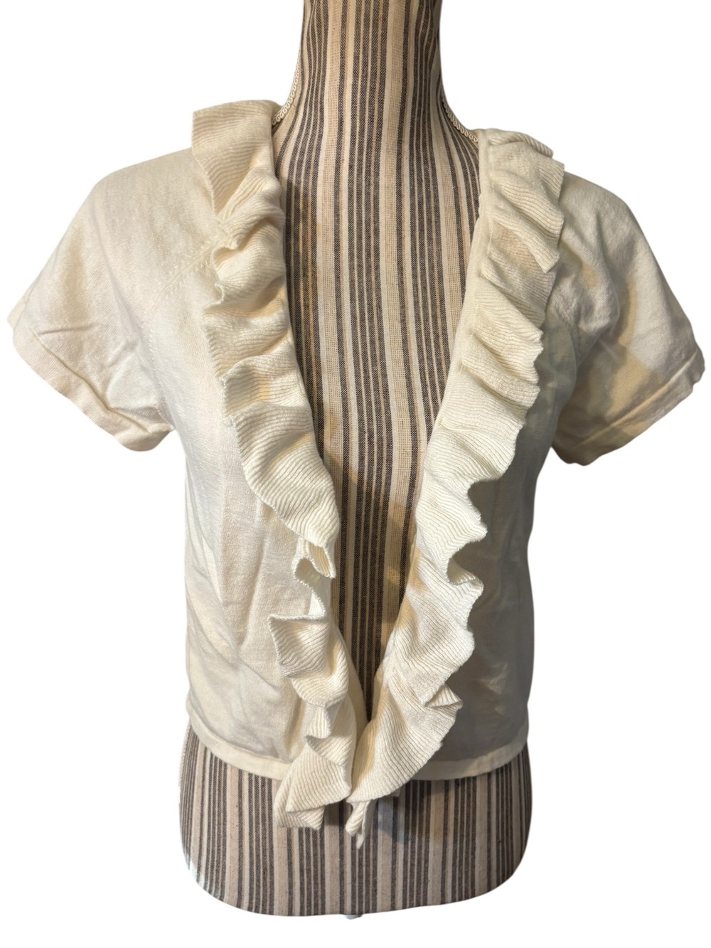 Banana Republic Cardigan Medium Ivory Lightweight Knit Ruffle Trim Cotton Wool